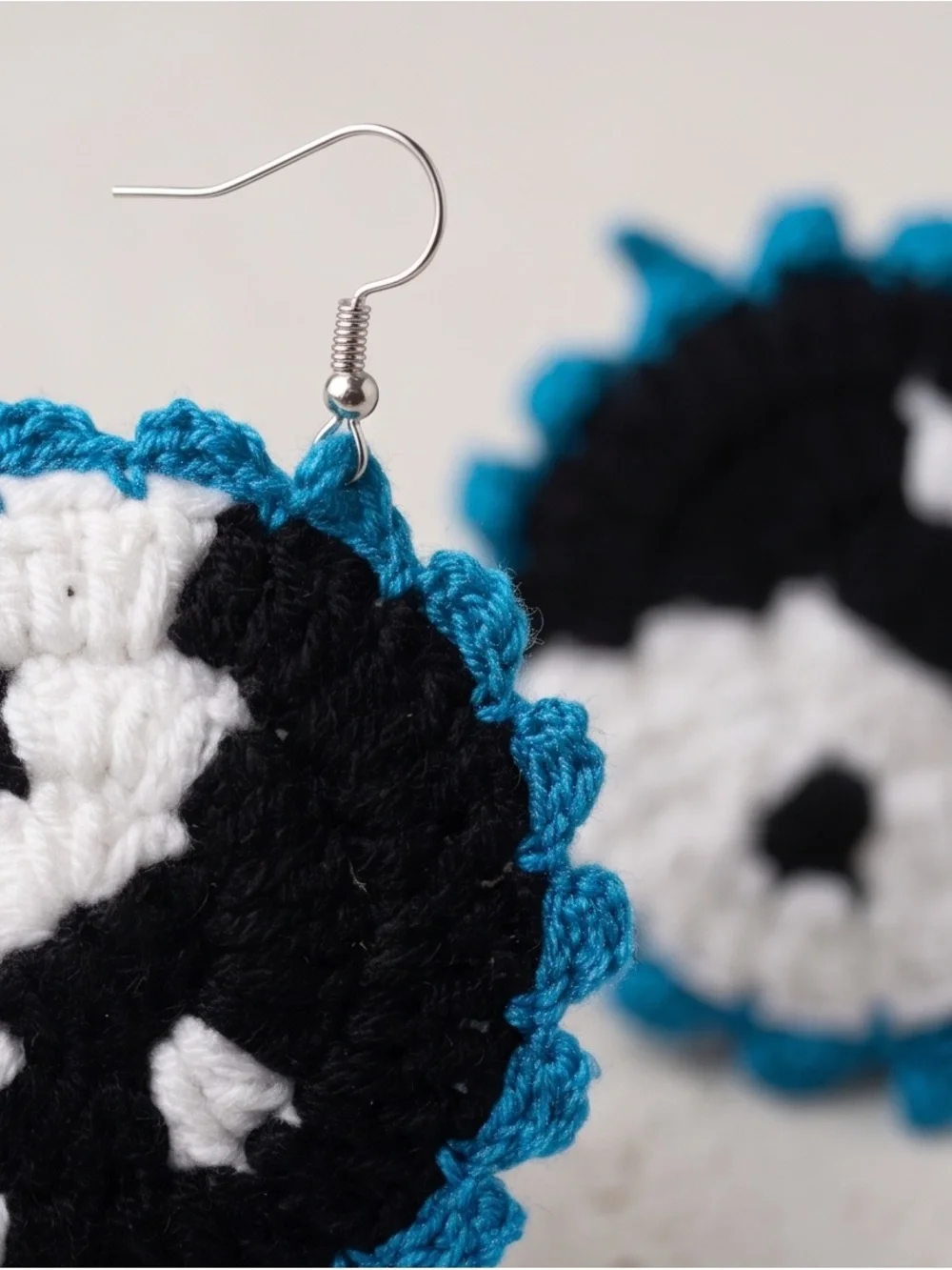 Handmade Kids Yin Yang Crochet Earrings in Black, White & Blue Trim
